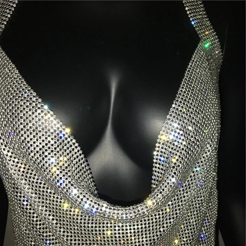 Bling Rhinestone Backless Dress Sexy Deep V Neck Sleeveless Side Split Halter Dress Nightclub Party Evening Dresses