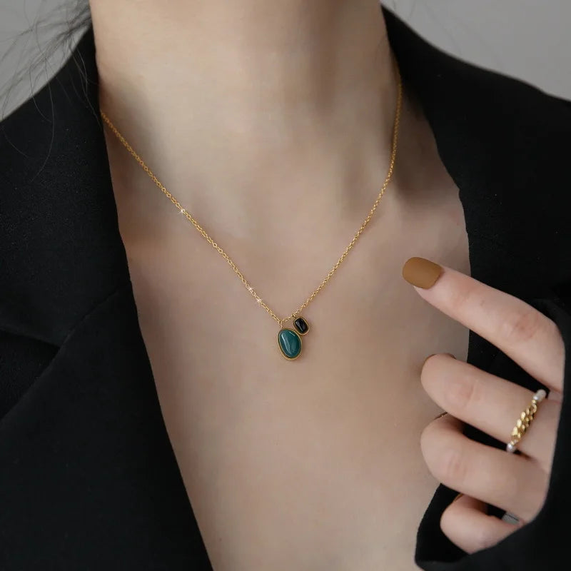 DIEYURO 316L Stainless Steel Green Black Stone Pendant Necklace Earrings For Women Girl New Fashion Waterproof Jewelry Set