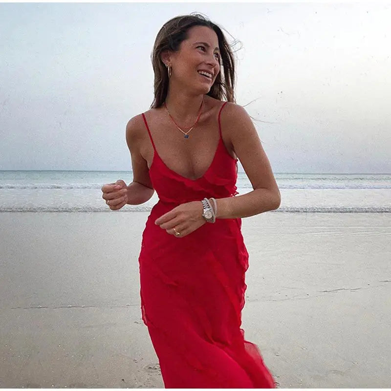 New 2025 Women's Ruffles Chiffon Maxi Dress Backlesss Split Sexy Porm Dress Red Long Summer Wedding Party Dress Elegant Vestidos