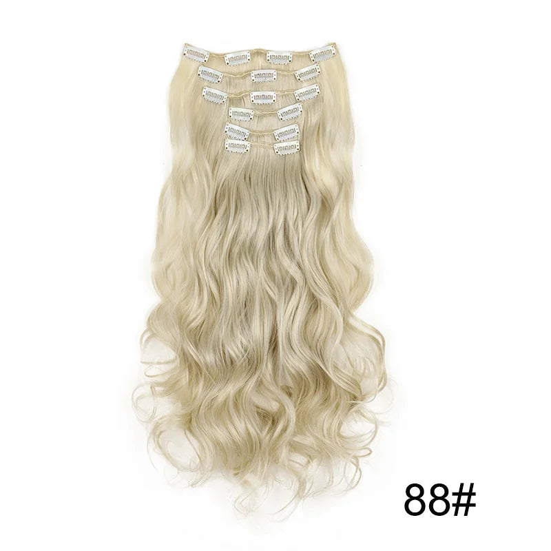 16Clips Synthetic 24Inch Long Curly Hair Hairpiece Heat Resistant Hair Extension Clips In Black Brown Blonde for Women