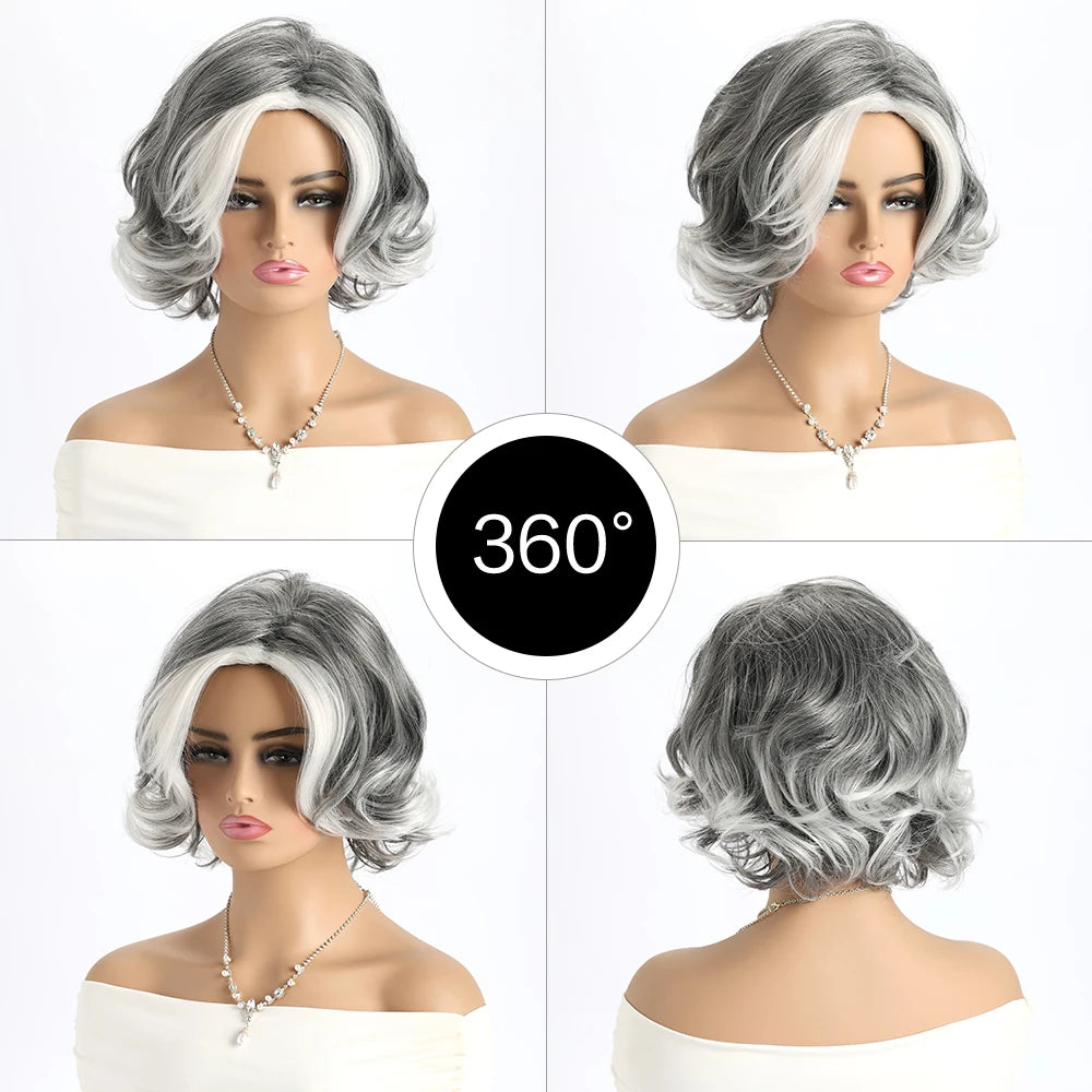 Short Natural Wigs with Bangs Soft Mommy Hair Daily Use Short  Grey Ombre Curly Synthetic Hair Costume Party Wig for Women