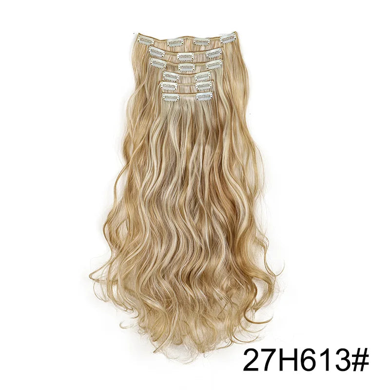 16Clips Synthetic 24Inch Long Curly Hair Hairpiece Heat Resistant Hair Extension Clips In Black Brown Blonde for Women