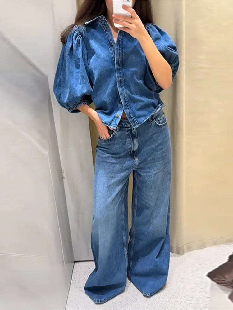 Street Denim Women's Shirt Solid Puff Half Sleeve Single Breasted Pleated Blouses Female 2025 Spring Summer All-match Streetwear