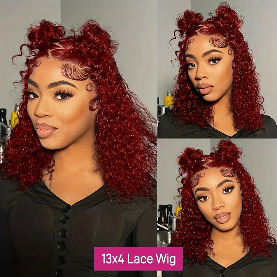 Burgundy 99J Deep Wave Short Bob Wigs 100% Human Hair Wig Water Curly Wig Baby Hair 13x4 Lace Front Human Hair Bob Wig For Women