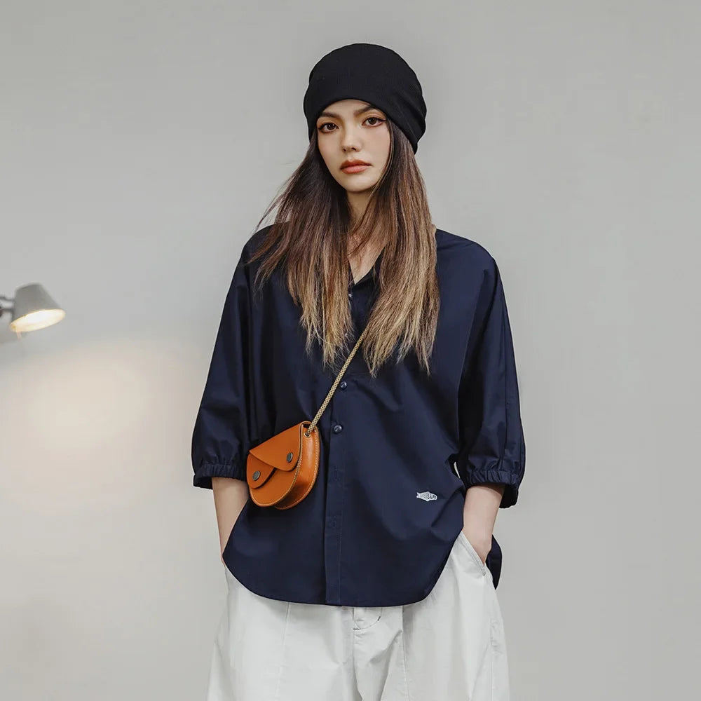 Maden 3/4-sleeved Shirt for Women Loose Blouse Batwing Sleeve Casual Breathable Stand Collar Tops Spring and Summer Blue Shirt