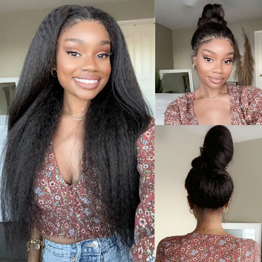 Yaki Straight Invisible Strap Drawstring Snug Fit 360 full lace Glueless Wig Kinky Straight Human Hair 30 Inch Lace Front Wig