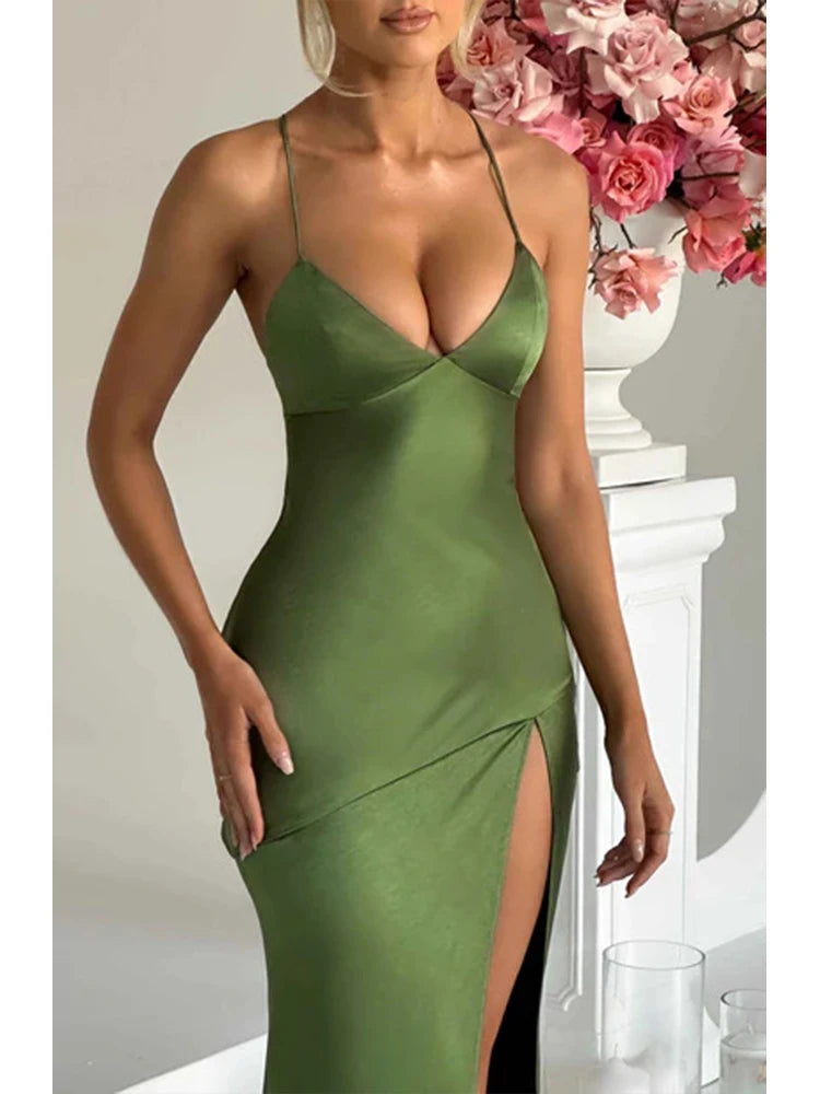 Bandage Backless Elegant Dress Split Hem Spaghetti Strap Slim Cocktail Party Club Fashion Satin Solid Lace-Up Long Dresses