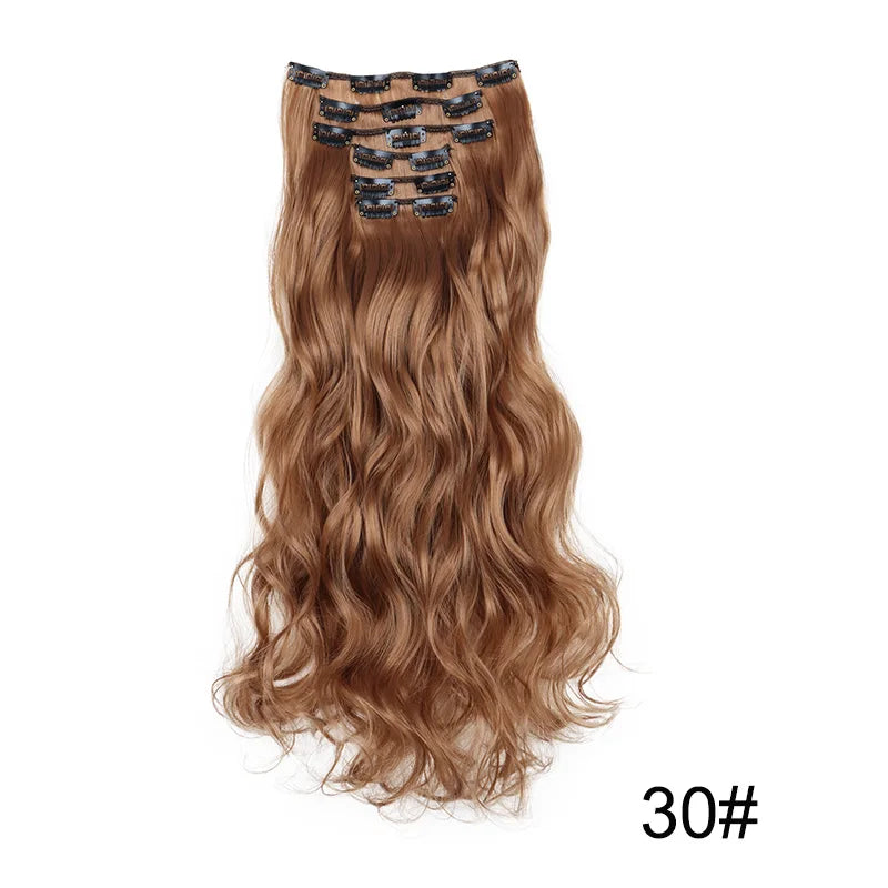 16Clips Synthetic 24Inch Long Curly Hair Hairpiece Heat Resistant Hair Extension Clips In Black Brown Blonde for Women