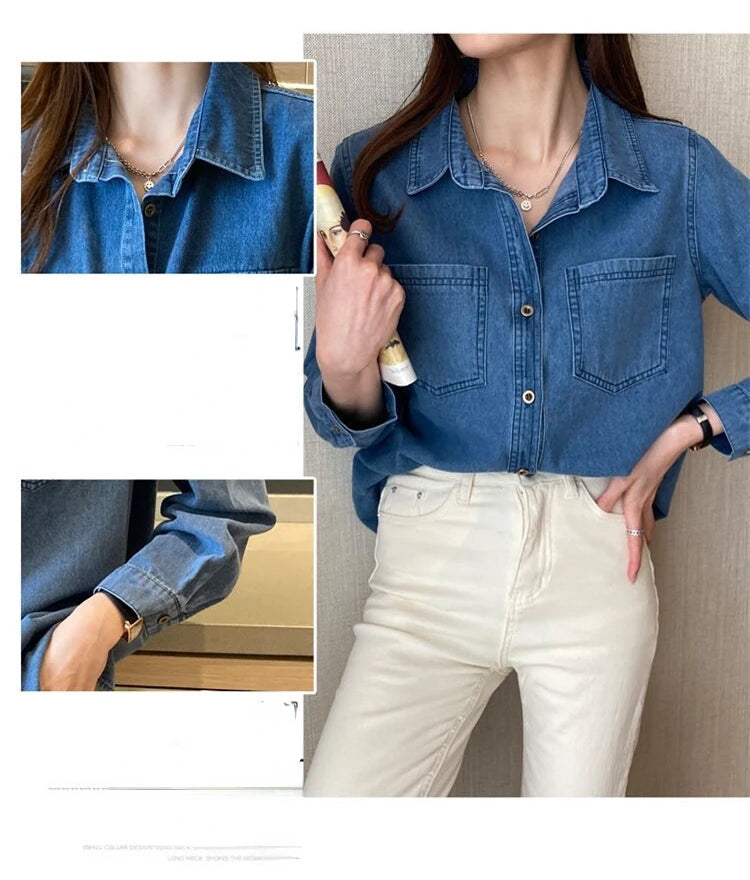 Retro Blue Shirt Denim Shirt for Women Autumn 2025 New Design Shirts Long Sleeved Solid Single Breasted Jeans Jacket for Women