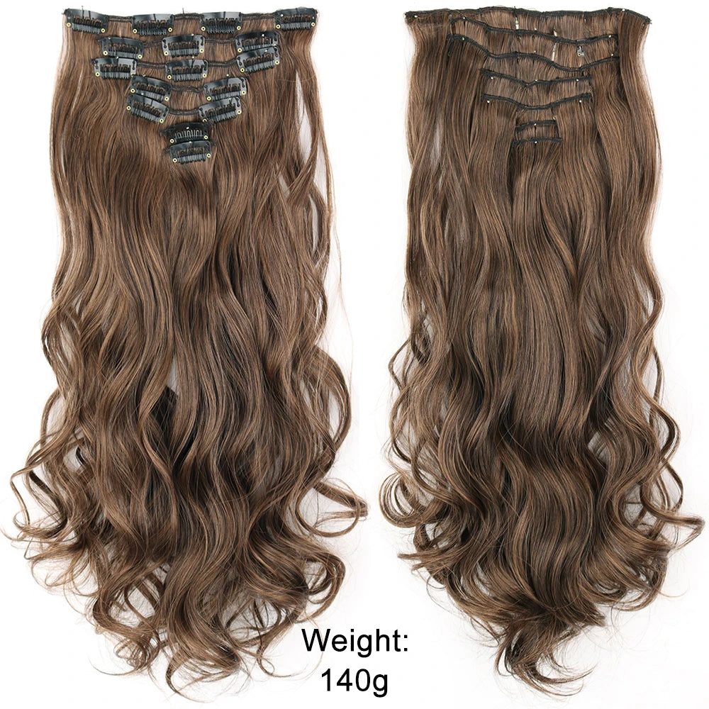 Long Straight Hairstyle 16 Clips 7Pcs/Set Hair Extensions Natural Synthetic Blonde Black Hairpieces Heat Resistant For Women