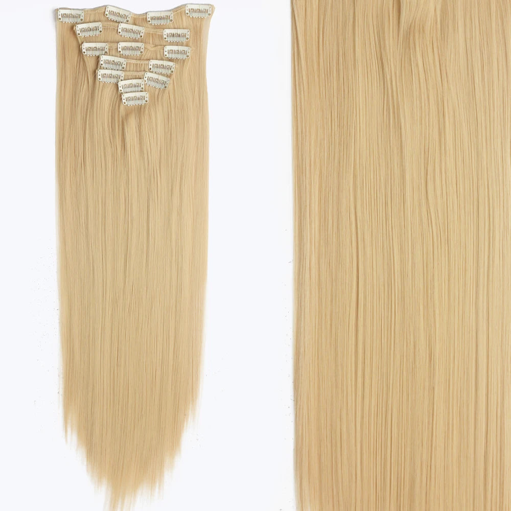 Long Straight Hairstyle 16 Clips 7Pcs/Set Hair Extensions Natural Synthetic Blonde Black Hairpieces Heat Resistant For Women