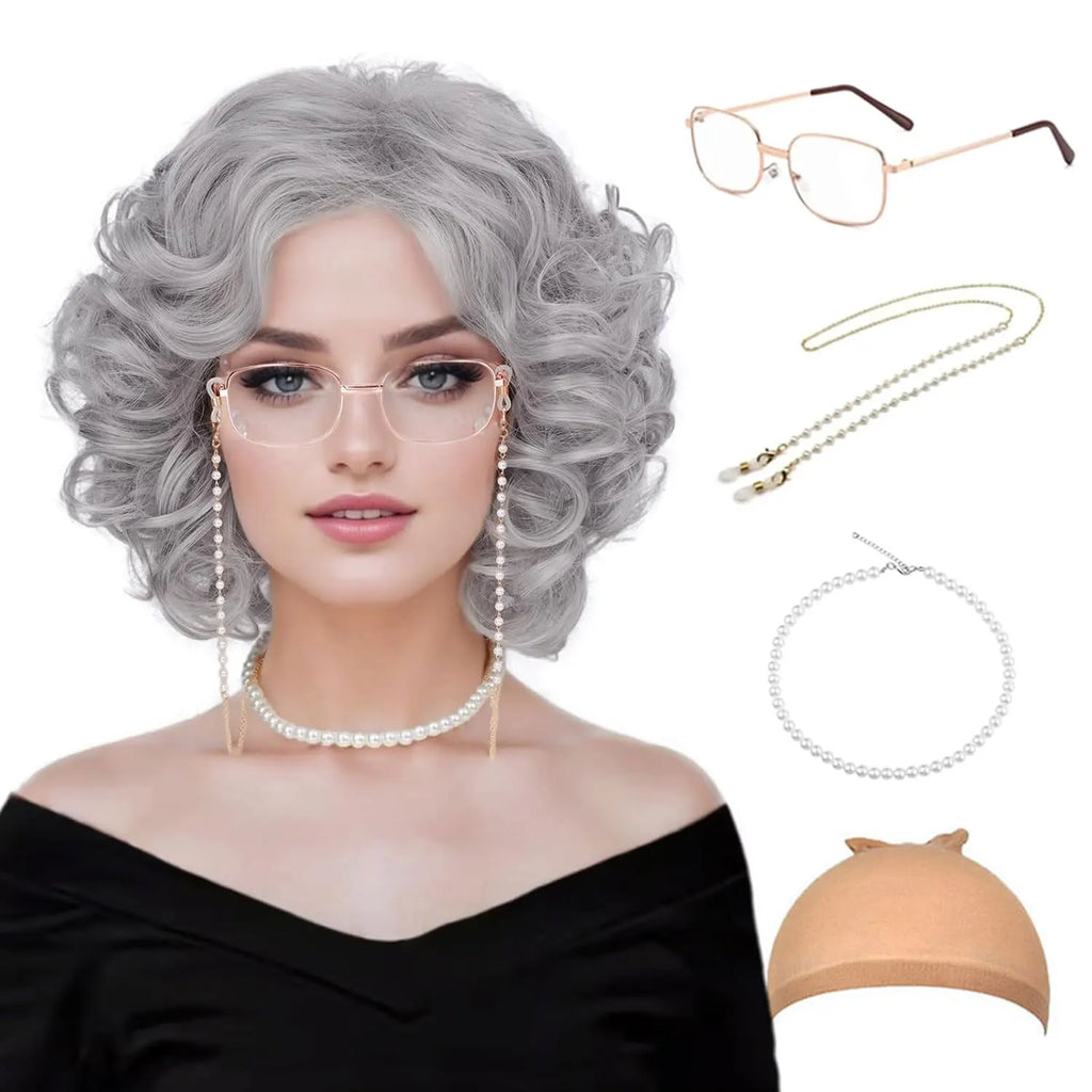 Synthetic Old Lady Wig Costume Set for Women Short Curly Grandma Wig and Glasses Silver White Granny Wig Cosplay Halloween Party