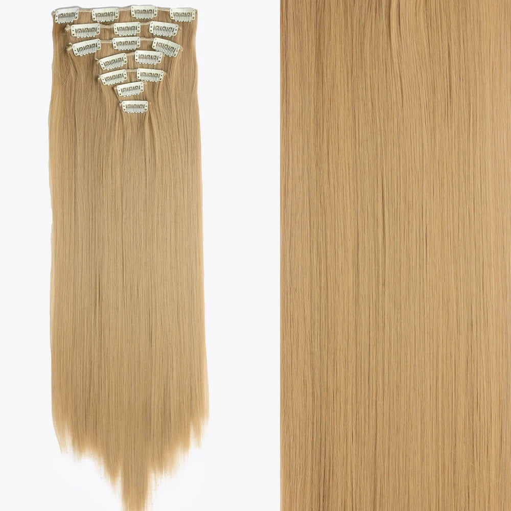 Long Straight Hairstyle 16 Clips 7Pcs/Set Hair Extensions Natural Synthetic Blonde Black Hairpieces Heat Resistant For Women