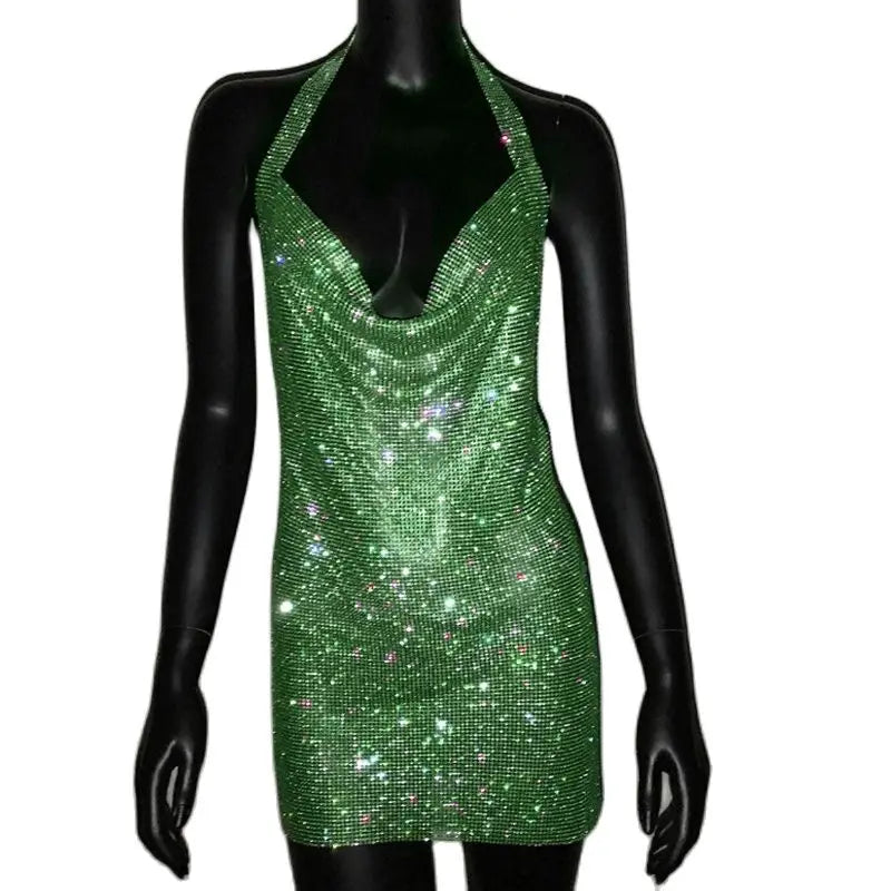 Bling Rhinestone Backless Dress Sexy Deep V Neck Sleeveless Side Split Halter Dress Nightclub Party Evening Dresses