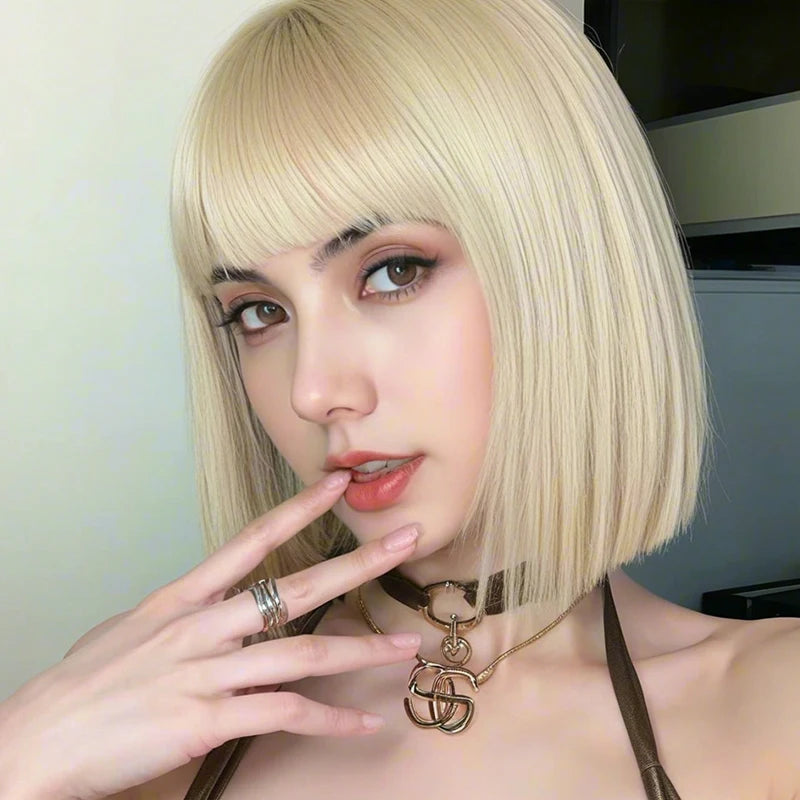 Blonde bangs wig 12 inches, high-temperature heat-resistant synthetic fiber, slimming face shape, suitable for daily wear and ro