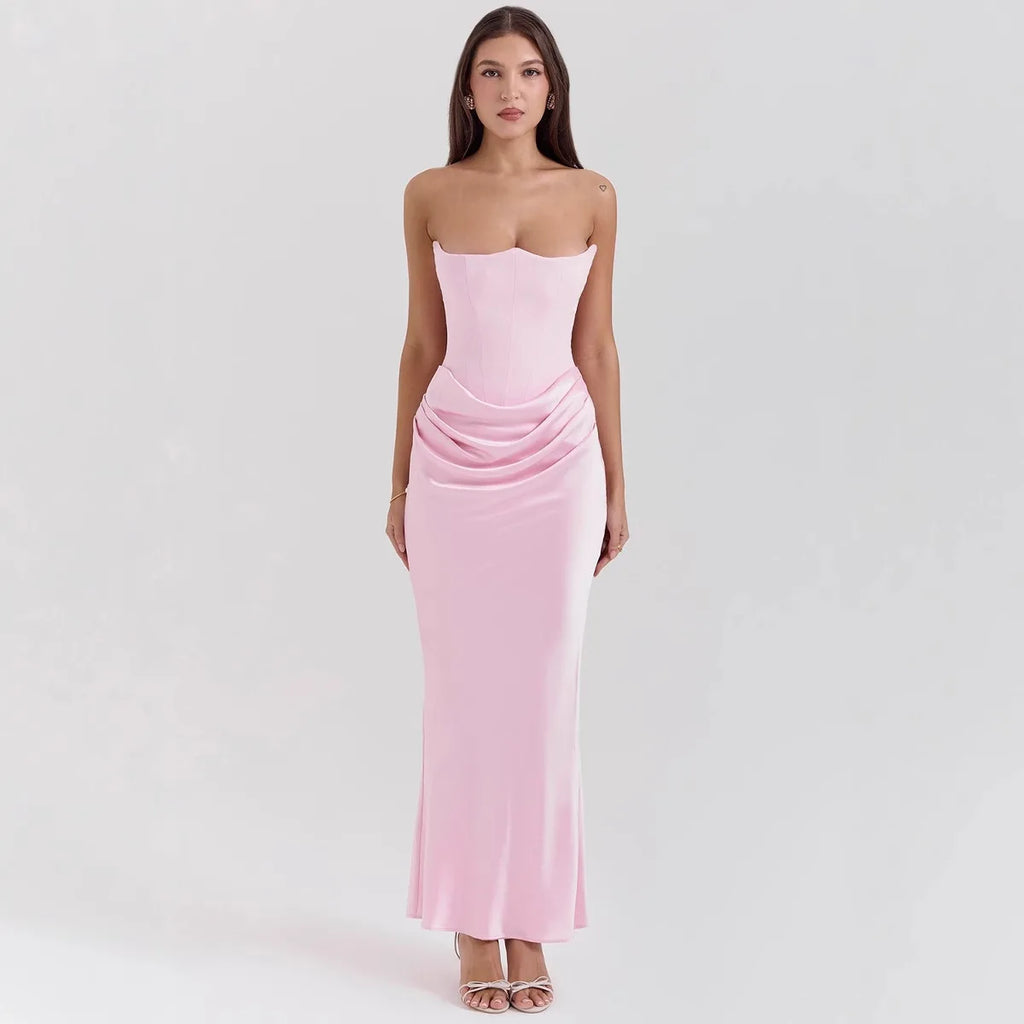 Mingmingxi 2025 Women's Evening Dress Strapless Pink Prom Party Dresses Sexy Satin Long Corset Dress Elegant Maxi Gala Dresses