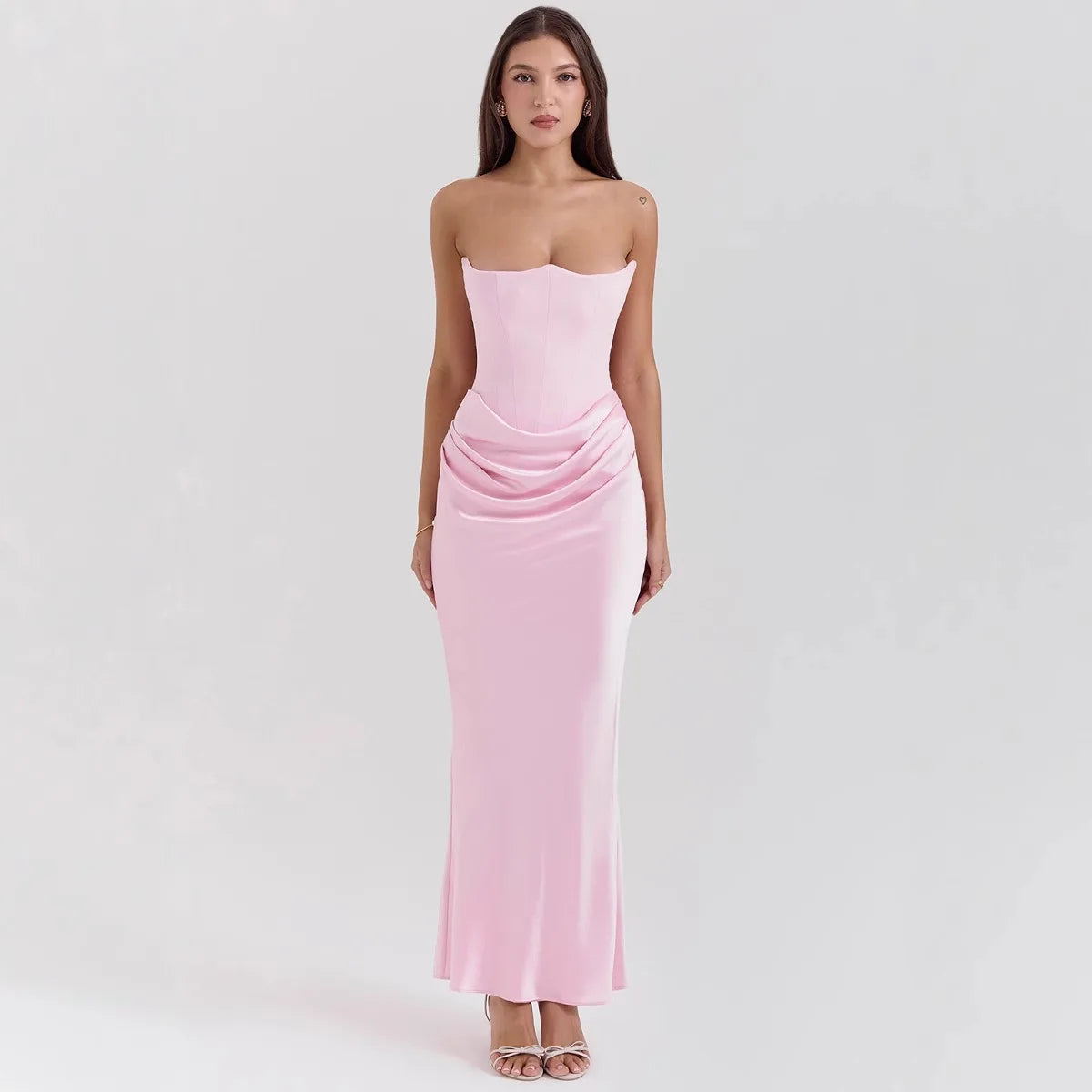 Mingmingxi 2025 Women's Evening Dress Strapless Pink Prom Party Dresses Sexy Satin Long Corset Dress Elegant Maxi Gala Dresses