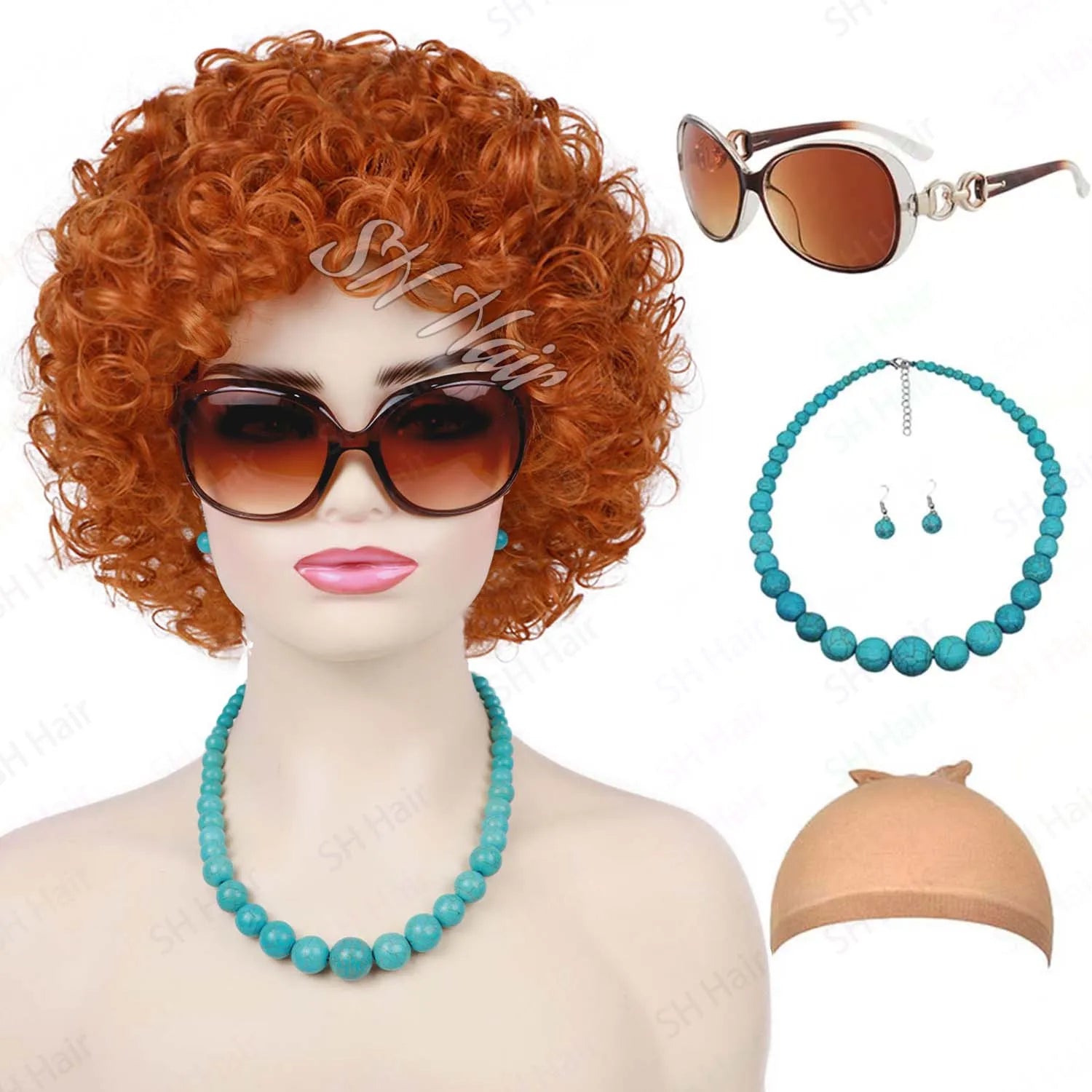 Synthetic Old Lady Wig Costume Set for Women Short Curly Grandma Wig and Glasses Silver White Granny Wig Cosplay Halloween Party