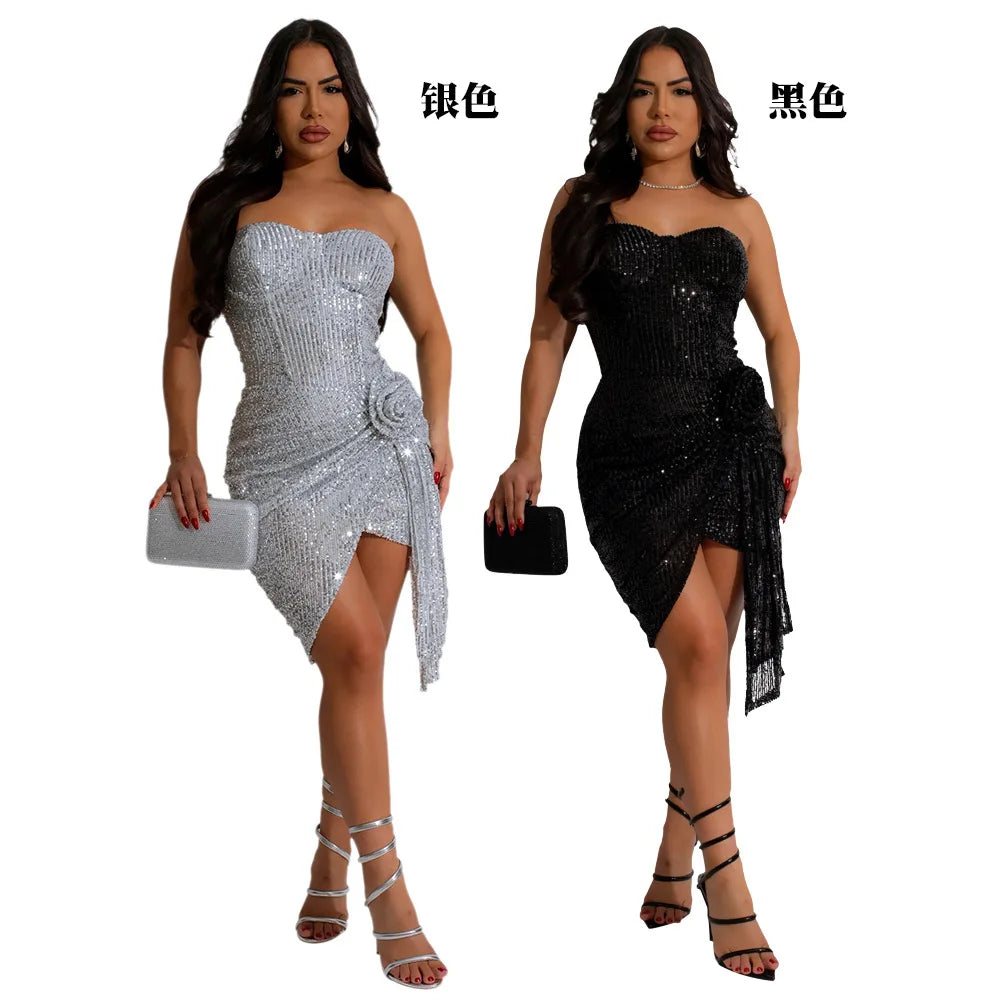 Strapless Sexy Sequin Dress Women Party Dresses Sleeveless Bodycon Vestidos Slim Night Club High Waist Knee Length Patchwork