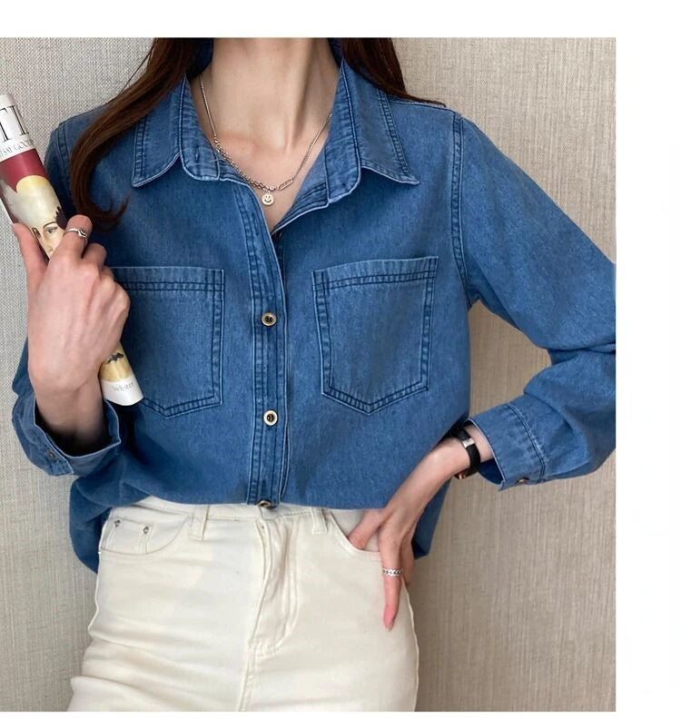 Retro Blue Shirt Denim Shirt for Women Autumn 2025 New Design Shirts Long Sleeved Solid Single Breasted Jeans Jacket for Women