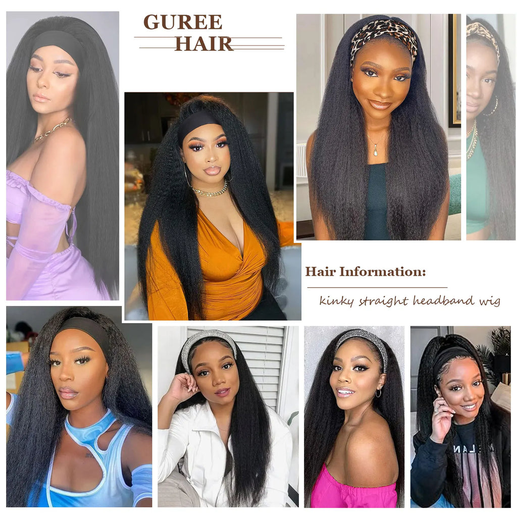 Kinky Straight Headband Synthetic Wig for Women Yaki Straight Wigs with Black Headband Hair Easy to Style No Lace Front No Glue