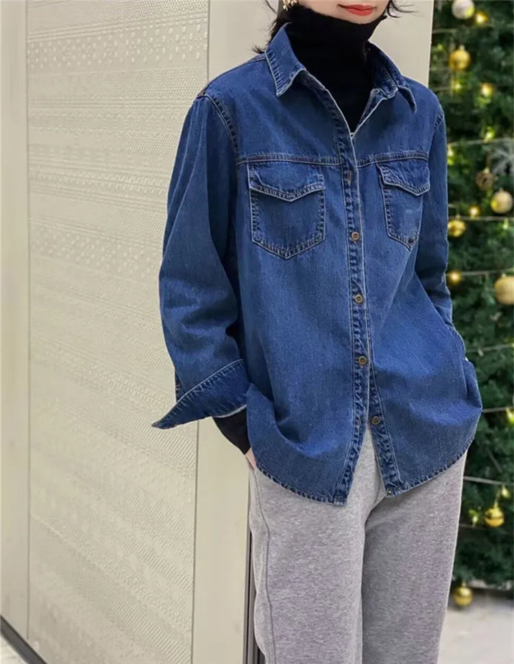 Retro Blue Shirt Denim Shirt for Women Autumn 2025 New Design Shirts Long Sleeved Solid Single Breasted Jeans Jacket for Women