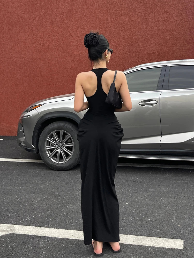 Spicy Girl V-neck Hanging Neck Sleeveless Dress Elegant Women's Summer New High Waist Slim Pleated Wrapped Hip Dresses ORPT