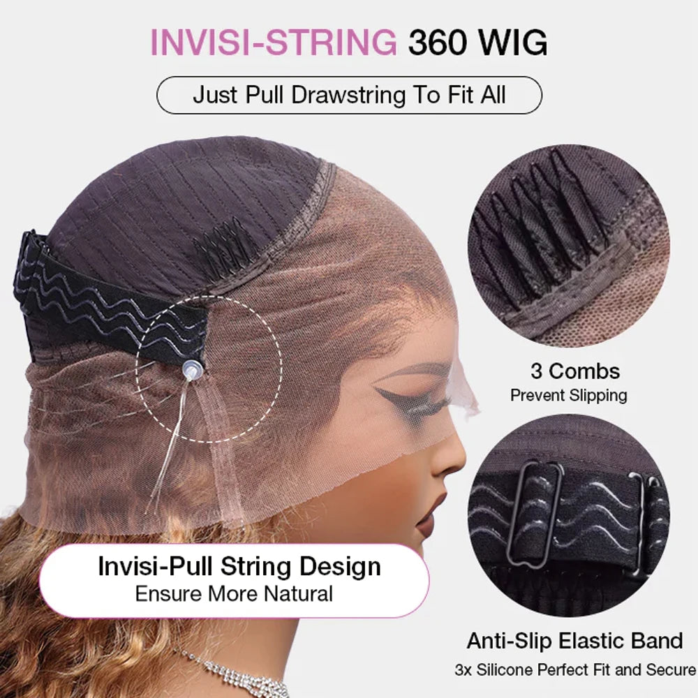 Deep Wave 30 Inch Invisible Strap 360 Full Lace Front Wig Honey Blonde Highlight Deep Curly Frontal Wig Glueless Wig Human Hair