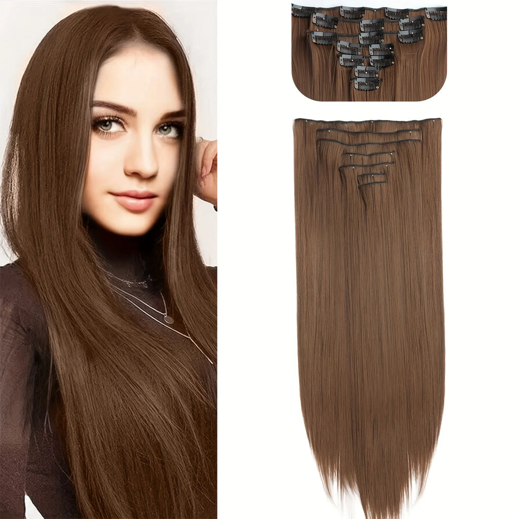Long Straight Hairstyle 16 Clips 7Pcs/Set Hair Extensions Natural Synthetic Blonde Black Hairpieces Heat Resistant For Women