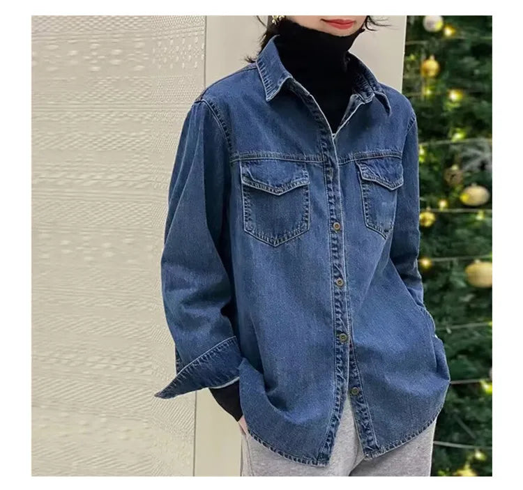 Retro Blue Shirt Denim Shirt for Women Autumn 2025 New Design Shirts Long Sleeved Solid Single Breasted Jeans Jacket for Women