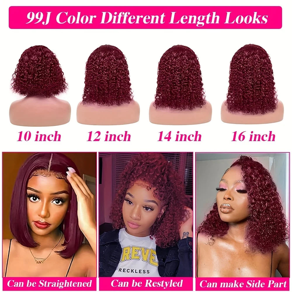 Burgundy 99J Deep Wave Short Bob Wigs 100% Human Hair Wig Water Curly Wig Baby Hair 13x4 Lace Front Human Hair Bob Wig For Women