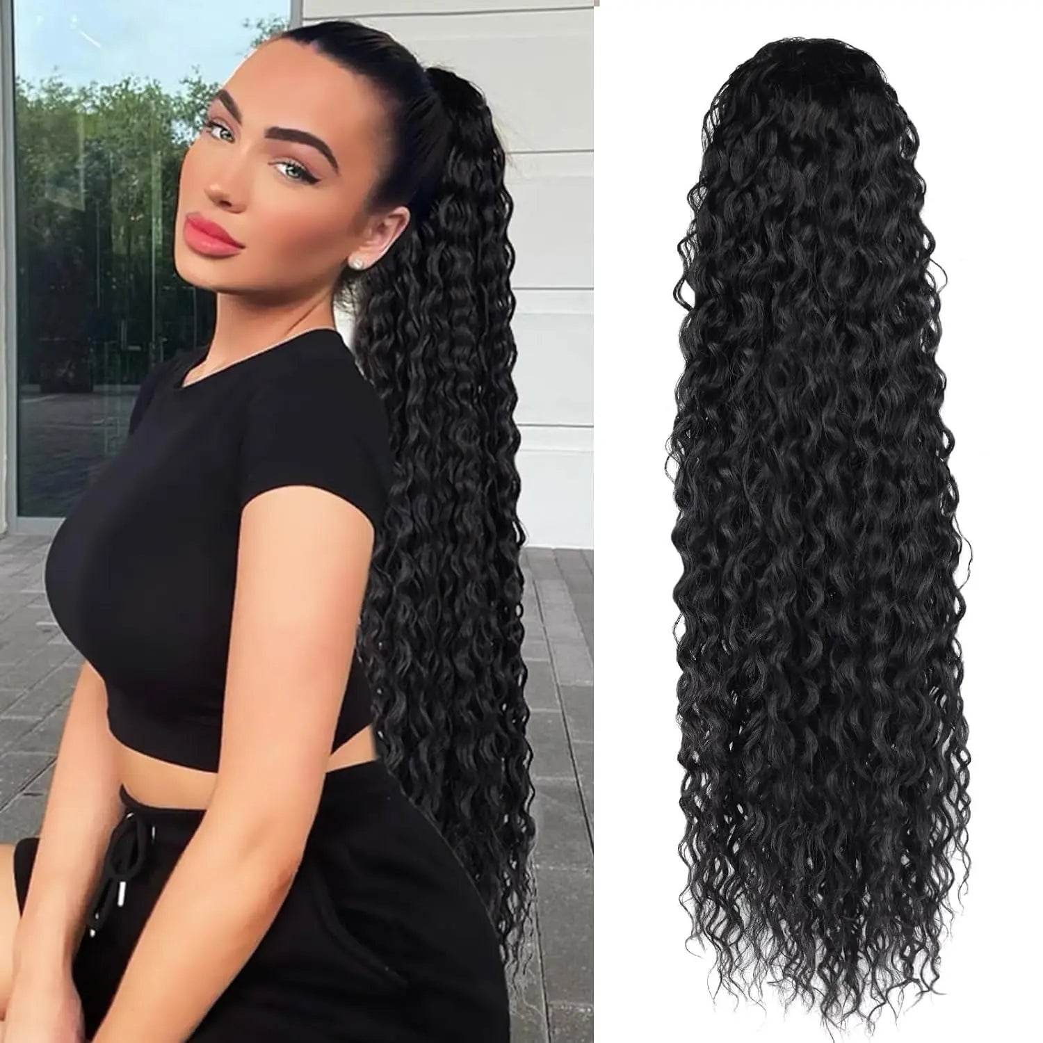 Synthetic Wig 24inch Long Curly Wave Drawstring Ponytail HairPieces Extension Heat Resistant Clip in For Women Girl