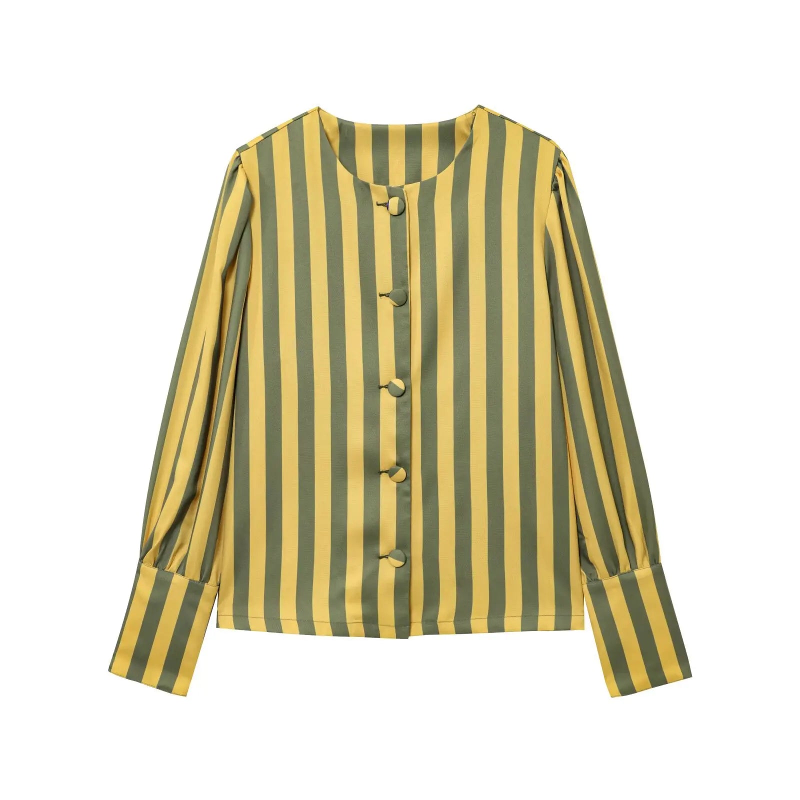 ZBZA Women's Loose Fit Striped Print Shirt O-neck Puff Sleeve Single Breasted Simple Casual Top Spring Summer Female Chic Blouse