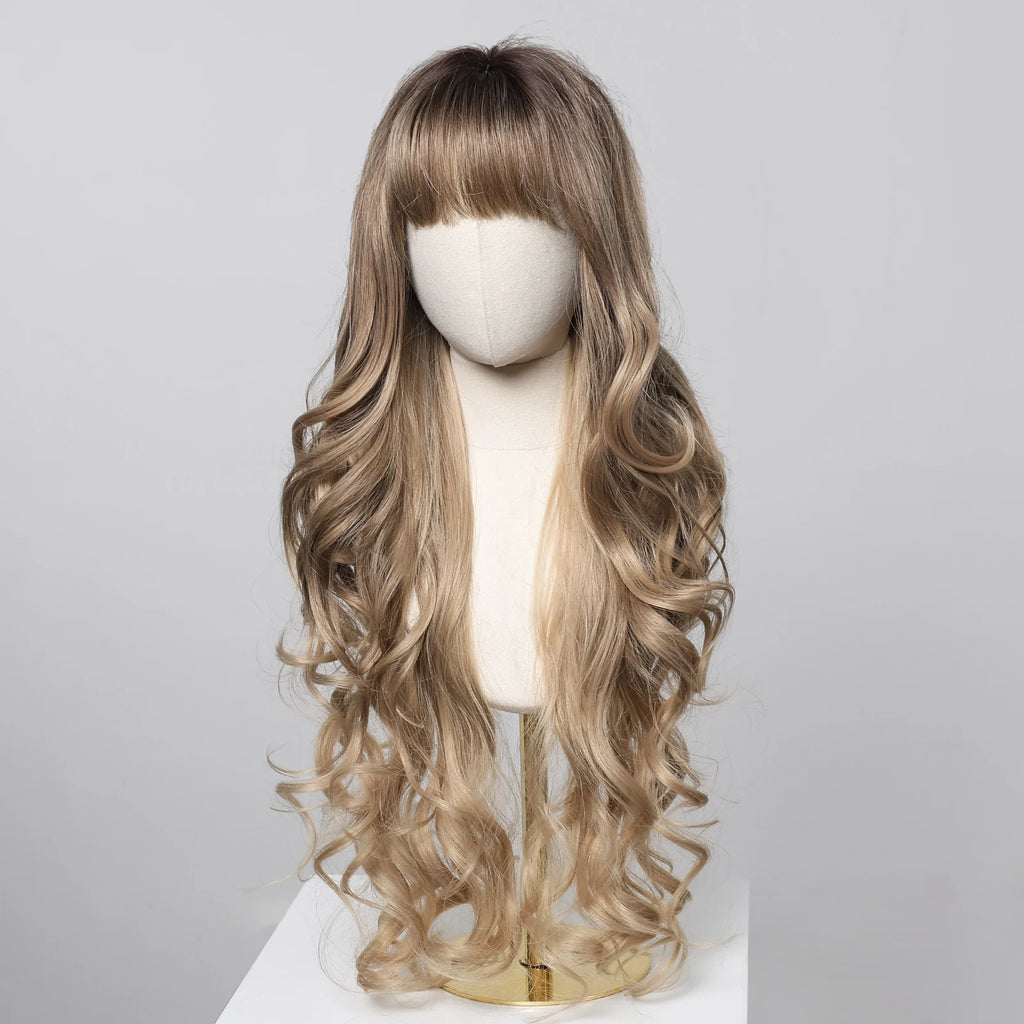 Loose Body Wave Synthetic Wigs Long Brown Blonde Ombre Wig with Bangs Wave Curl Wigs for Black Women Heat Resistant Daily Party