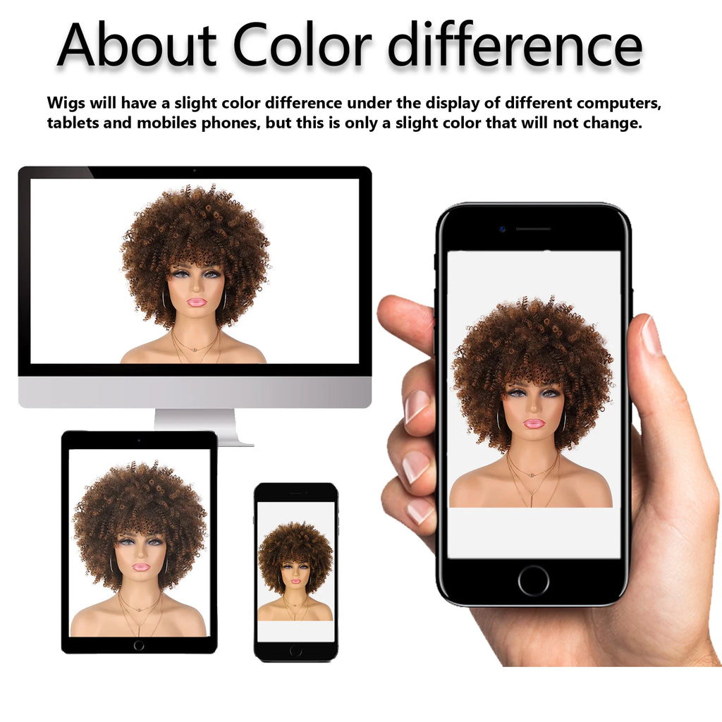 Tereshar Synthetic Short Curly with Bangs for Black Women 8 inch Afro Kinky Curly Wig Synthetic Hair Wigs for Daily Party Use