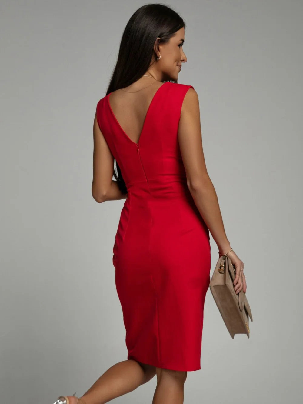 Sexy V-neck Sleeveless Slit High Waisted Evening Gown Dresses For Women Sleeveless Front Split Slim Bandage Hip Red Short Dress