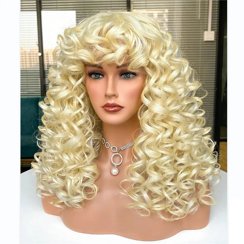 HAIRJOY Long Curly Wavy Blonde Wigs for Women  Cosplay Synthetic  Wig Heat Resistant Fiber Replacement Wig Halloween Party Wigs