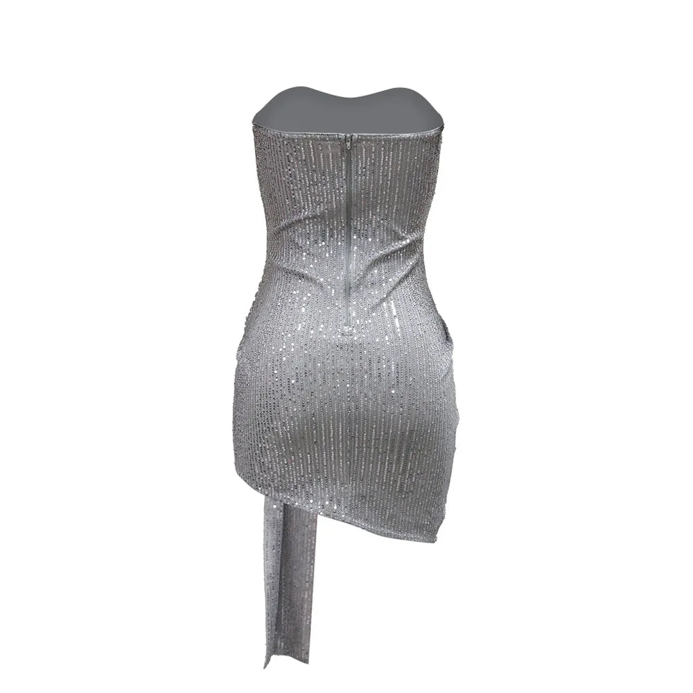 Strapless Sexy Sequin Dress Women Party Dresses Sleeveless Bodycon Vestidos Slim Night Club High Waist Knee Length Patchwork