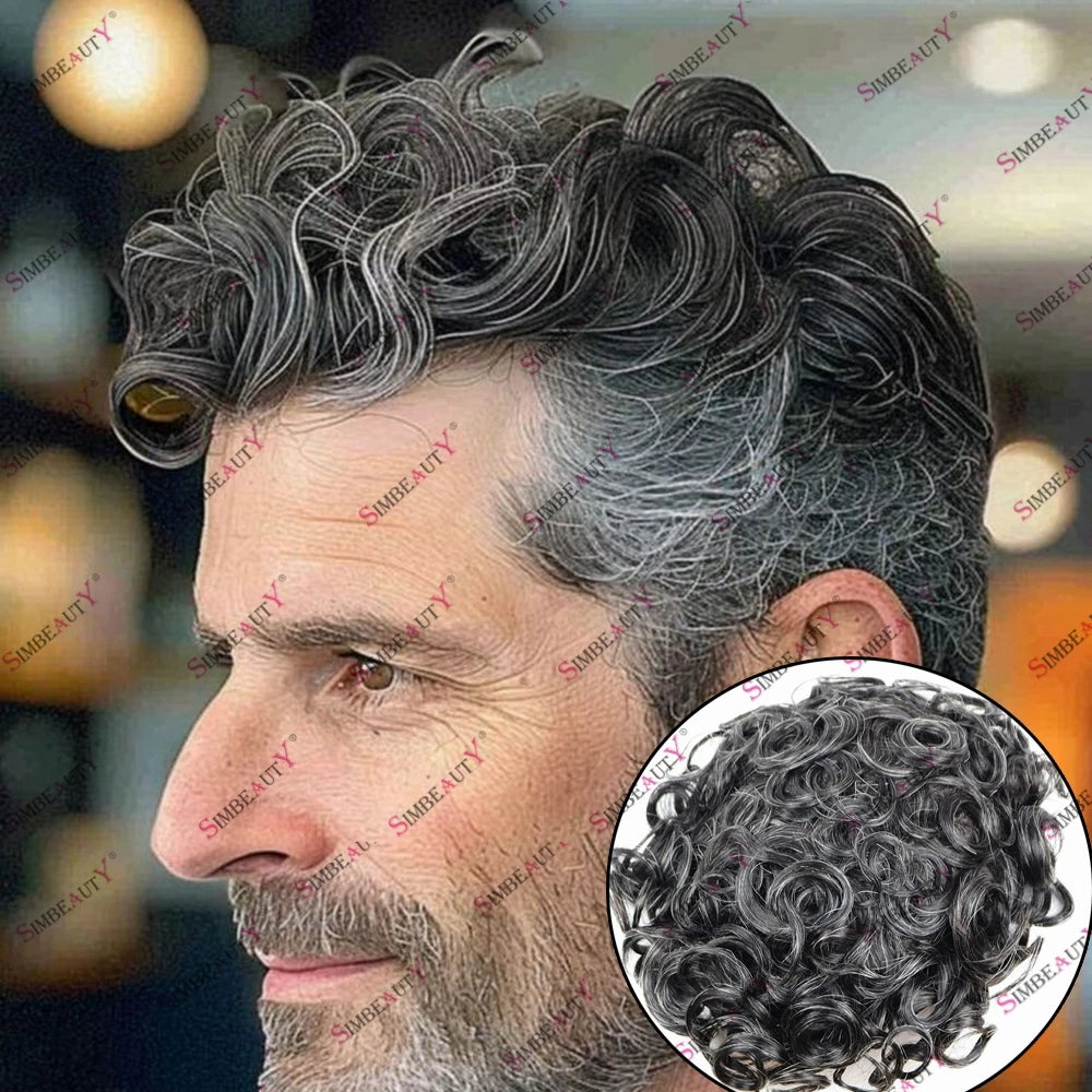 Men 26mm Natural Curly Human Hair Toupee Hair Replacement Capillary Prosthesis 100% Human Hair Durable skin Base Poly Easy Wear