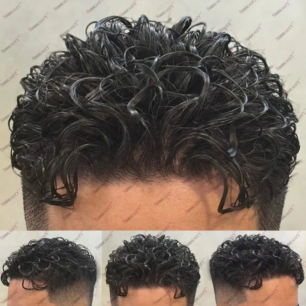 Men 26mm Natural Curly Human Hair Toupee Hair Replacement Capillary Prosthesis 100% Human Hair Durable skin Base Poly Easy Wear