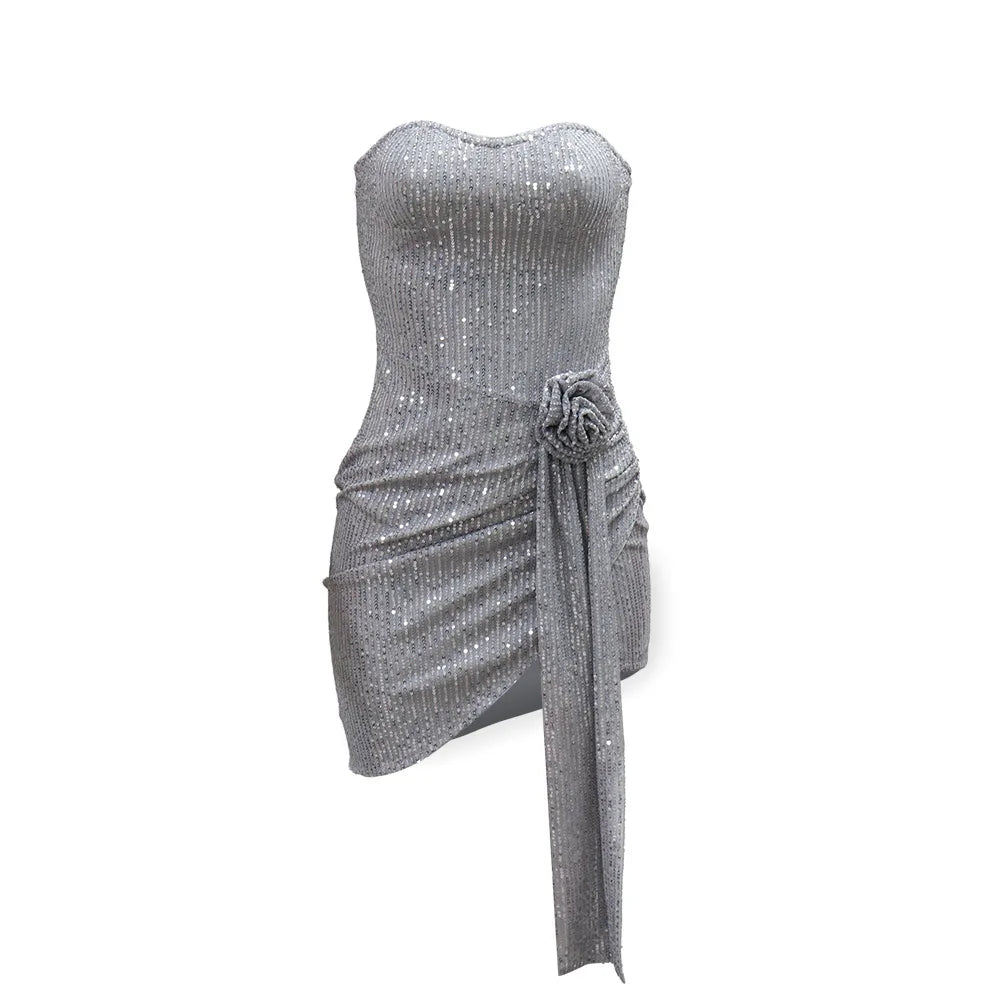 Strapless Sexy Sequin Dress Women Party Dresses Sleeveless Bodycon Vestidos Slim Night Club High Waist Knee Length Patchwork