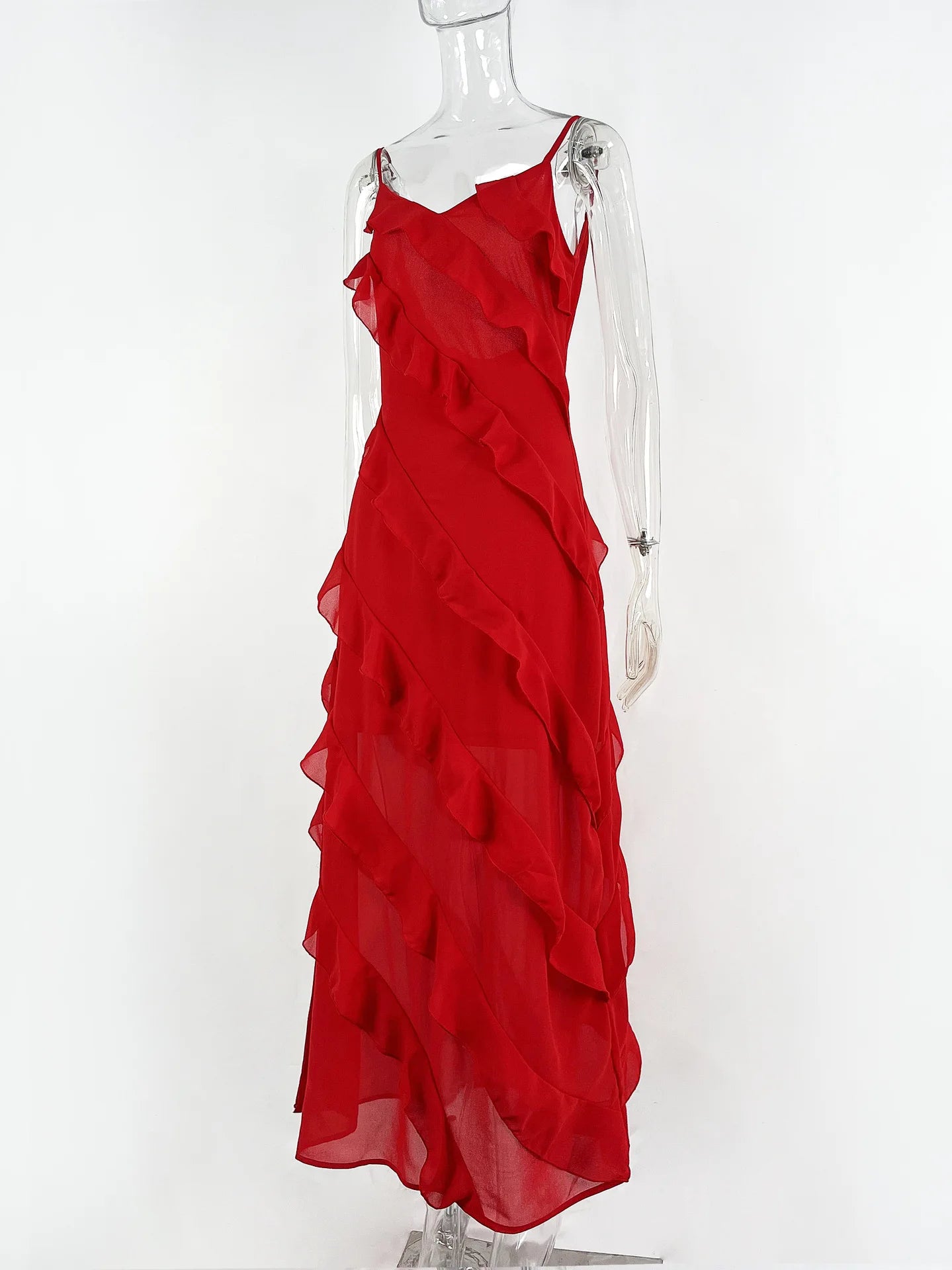 New 2025 Women's Ruffles Chiffon Maxi Dress Backlesss Split Sexy Porm Dress Red Long Summer Wedding Party Dress Elegant Vestidos