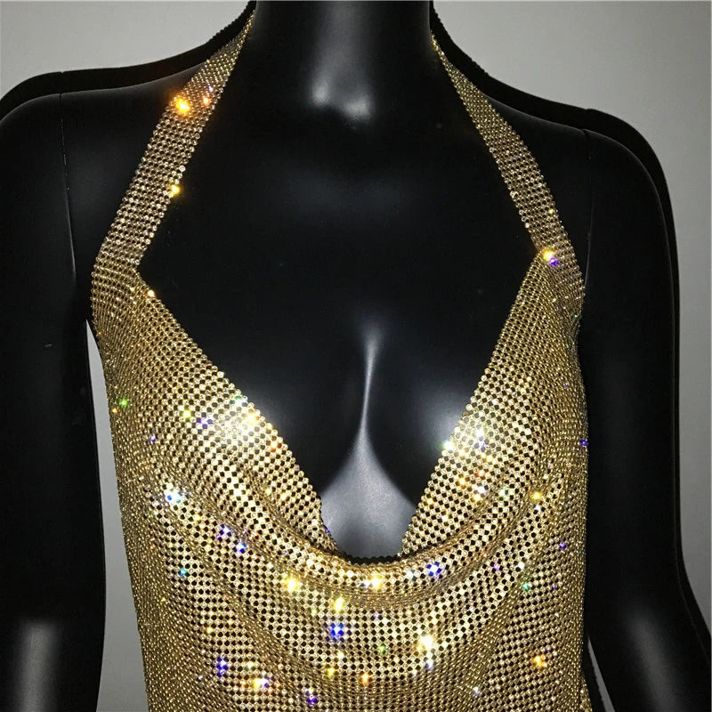 Bling Rhinestone Backless Dress Sexy Deep V Neck Sleeveless Side Split Halter Dress Nightclub Party Evening Dresses
