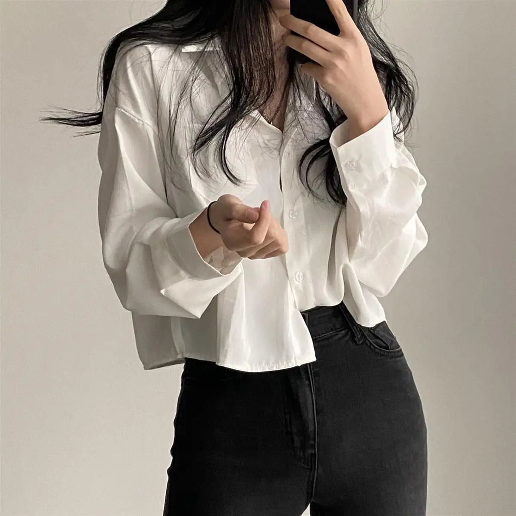 Long Sleeved Shirt And Blouse Simple Single Breasted Loose Casual Solid OL Trend Short Top Simple Elegant Fashion Women Clothes