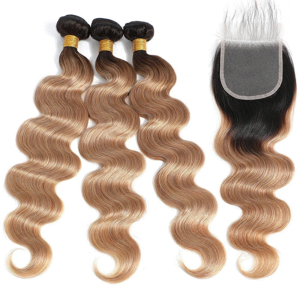 #27 Honey Blonde Human Hair Bundles with Closure Body Wave Bundles Hair With 4x4 Closure Brazilian Hair Weave Bundles Hair Remy