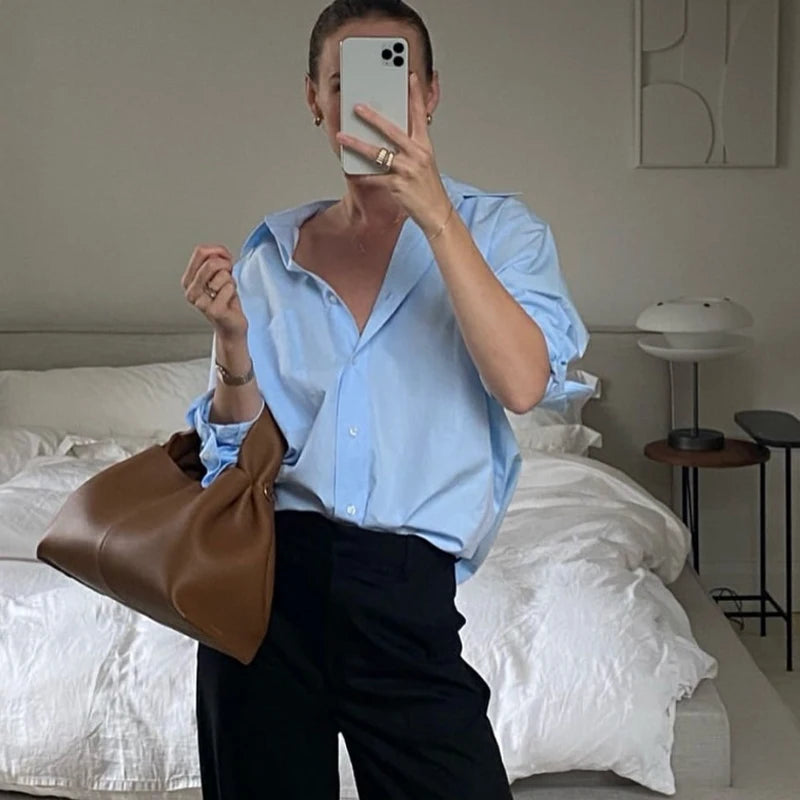 HXAO 2025 Shirts Blouses New Long Striped Shirt Women Long Sleeve Casual Shirts Large Tops Summer Plain Button Up Shirts 088