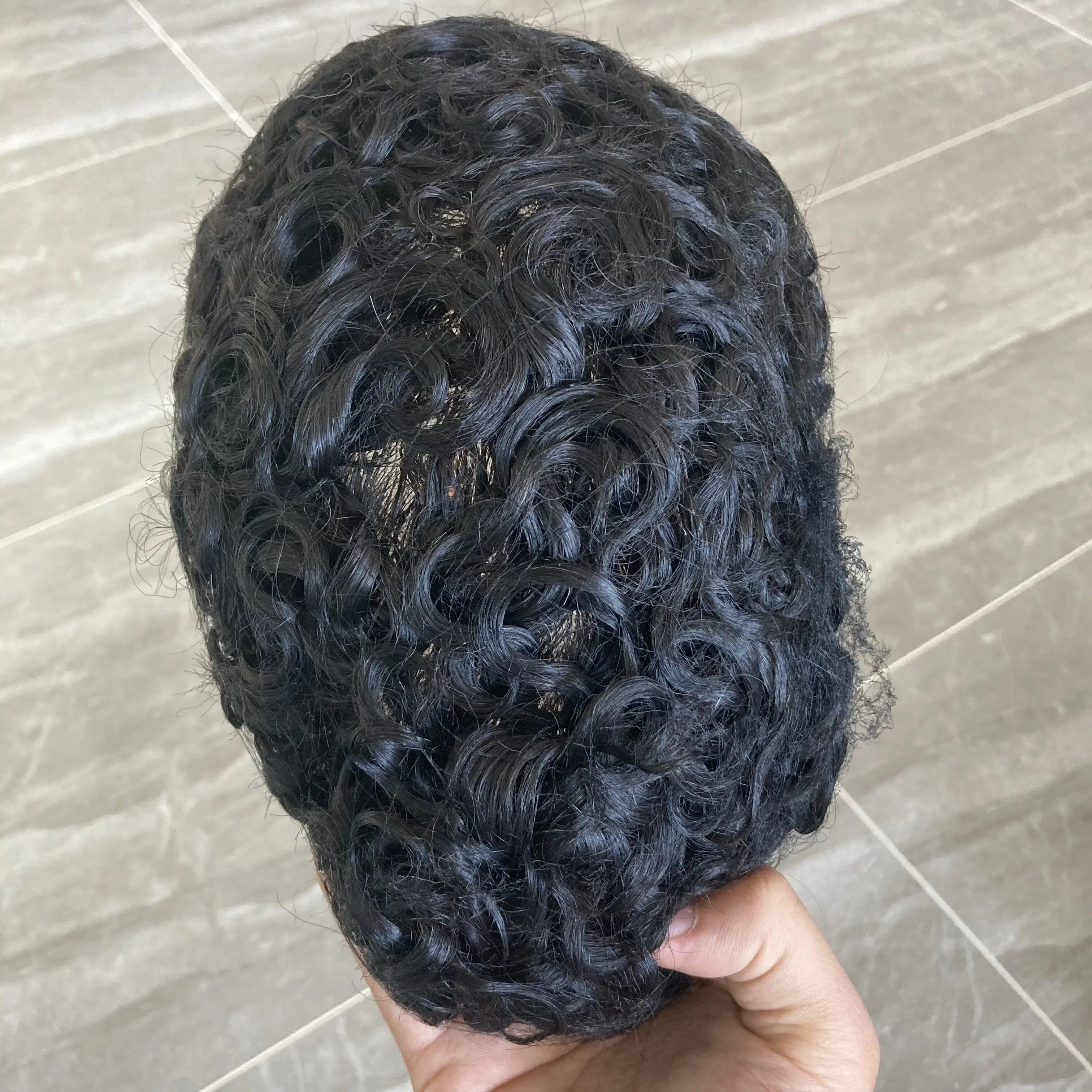 Men 26mm Natural Curly Human Hair Toupee Hair Replacement Capillary Prosthesis 100% Human Hair Durable skin Base Poly Easy Wear