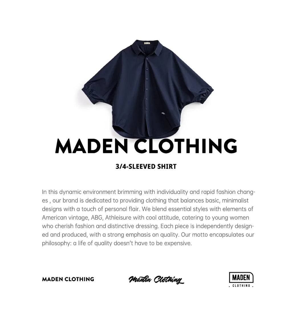Maden 3/4-sleeved Shirt for Women Loose Blouse Batwing Sleeve Casual Breathable Stand Collar Tops Spring and Summer Blue Shirt