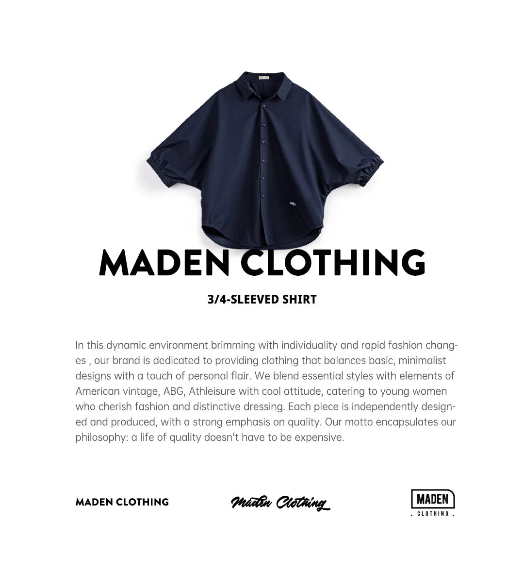 Maden 3/4-sleeved Shirt for Women Loose Blouse Batwing Sleeve Casual Breathable Stand Collar Tops Spring and Summer Blue Shirt