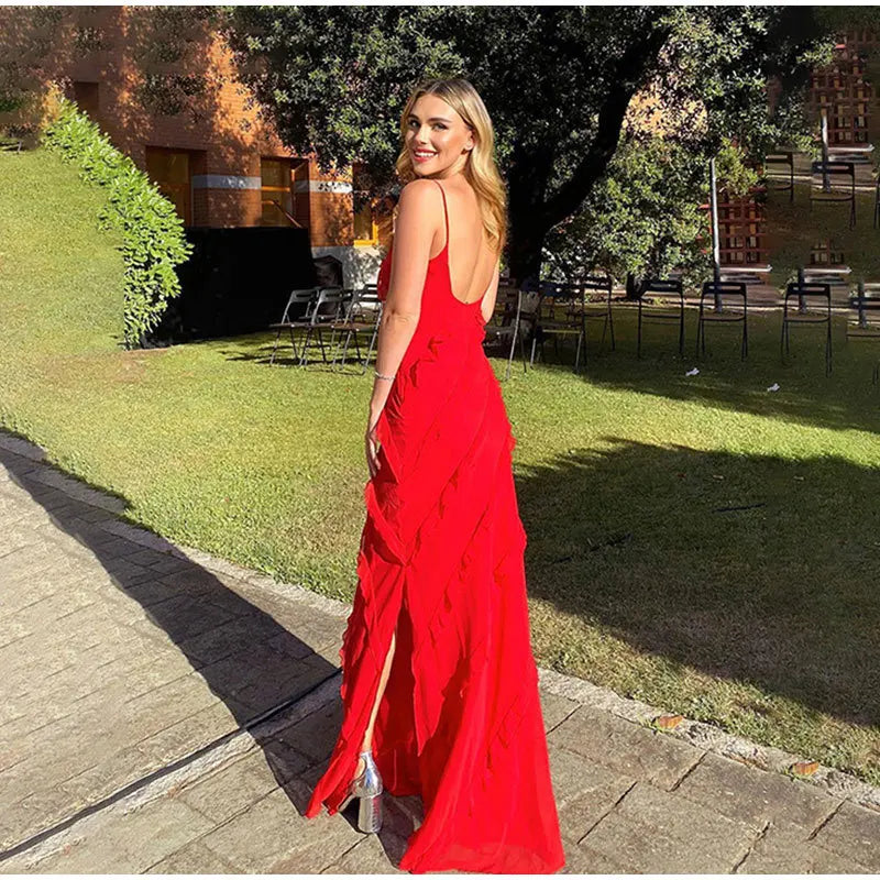 New 2025 Women's Ruffles Chiffon Maxi Dress Backlesss Split Sexy Porm Dress Red Long Summer Wedding Party Dress Elegant Vestidos